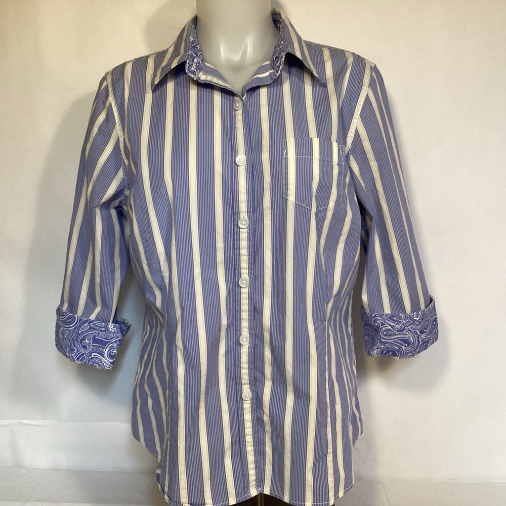 L.L. Bean Blue And White Striped Cotton Button Up Shirt Women’s Size Large
